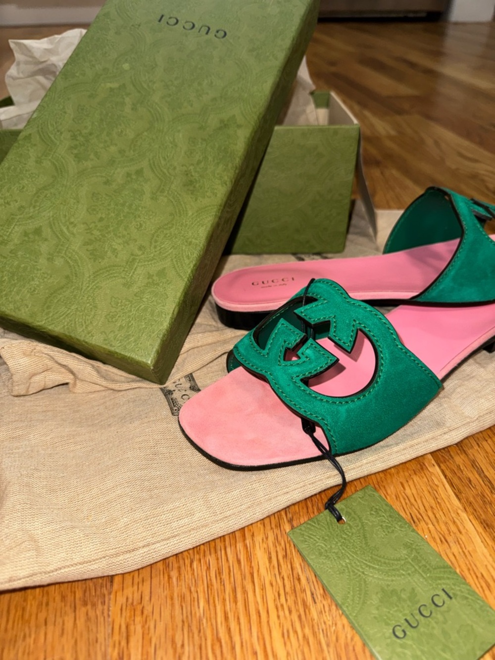 Gucci Pink Leather Footbed with Green Suede GG Slide Sandals - Picture 3 of 5